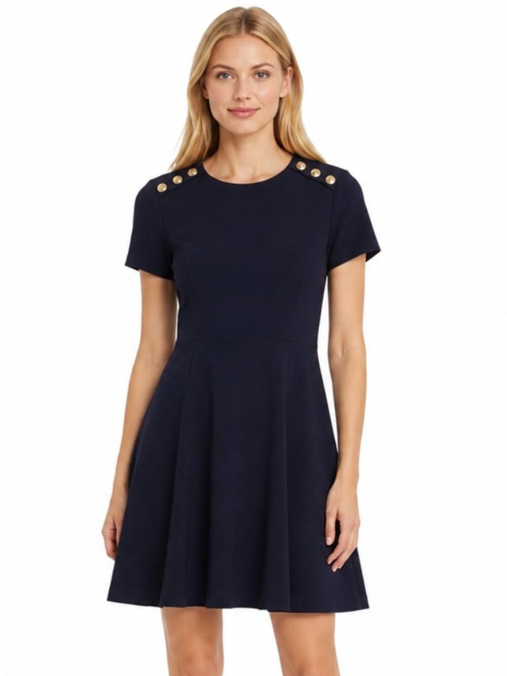 Karl Lagerfeld Paris Navy Scuba Fit & Flare Dress Gold Buttons Size 14